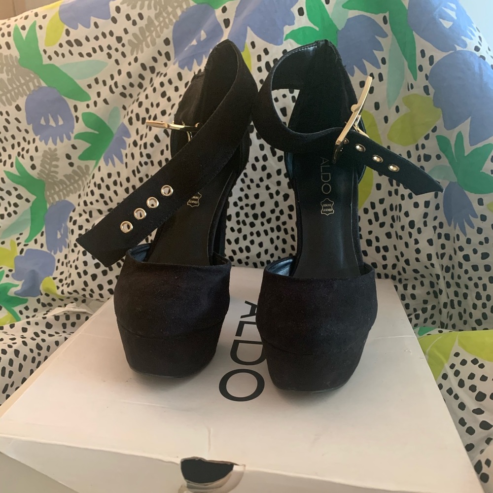All black suede buckled heel